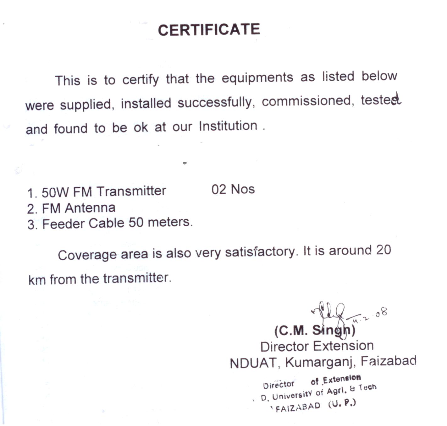 Installation certificate by Faizabad