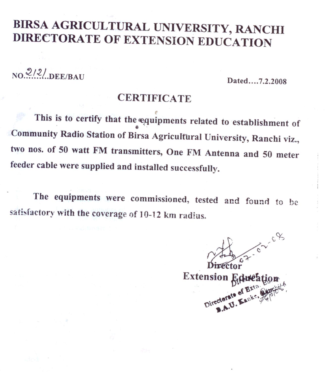 Installation certificate by Ranchi